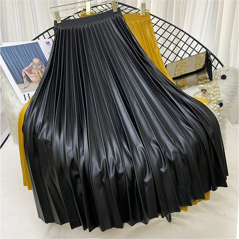 

Women Elegant Faux Leather Long Skirt Ladies High Waist Black Pleated PU Swing A-Line Skirts Faldas 2024 Autumn Winter SK883