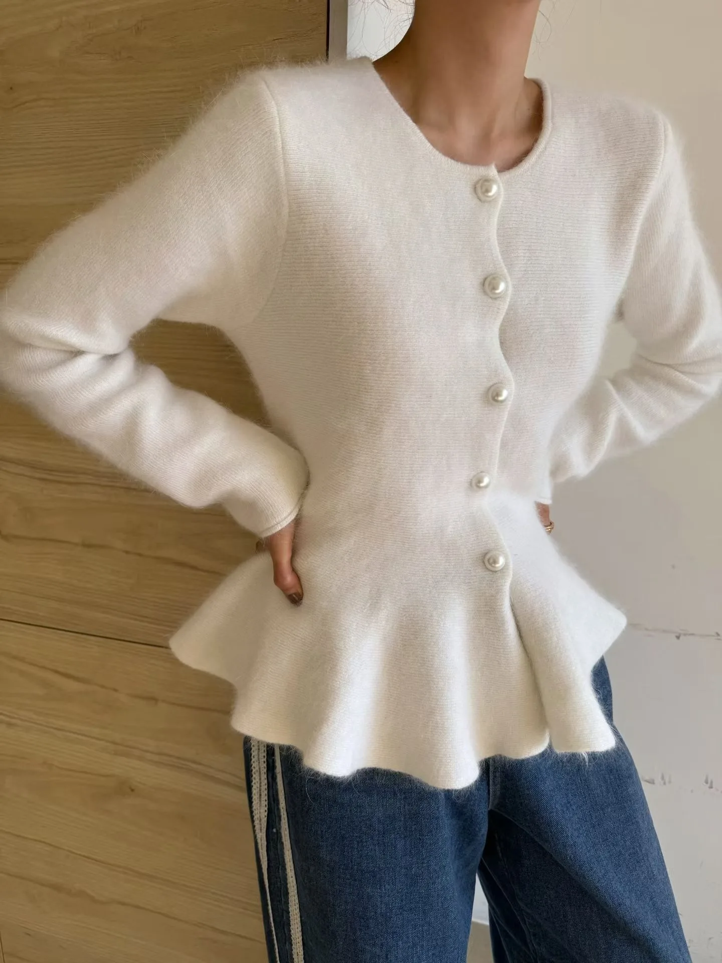 

Women's Pearl Trim Knitted Open Cardigan Slimming Top Waist-Cinching Spring Autumn Winter Faion Design Le Sweater