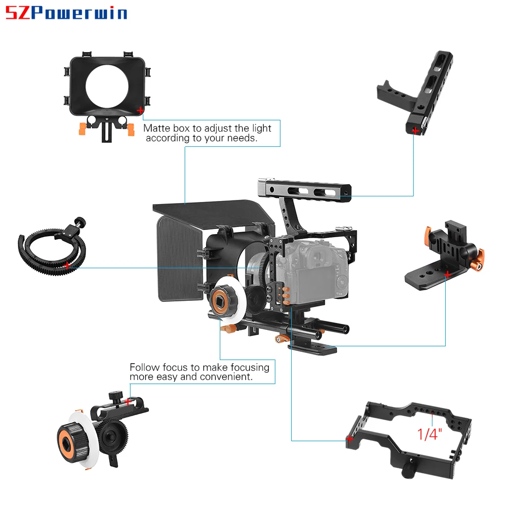 Powerwin C500 Cage Kit for GH4 A7S  A7 A7R A7RII A7SII DSLR Camera Photo Studio Rig Slider Stabilizer Follow Focus Barn Door Set