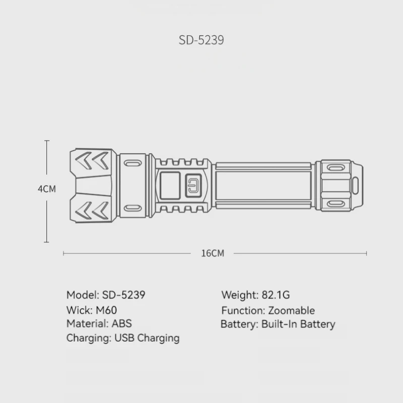 Smiling Shark SD5239 Rechargeable Flashlight, Super Bright M60 Handheld Torch, Zoomable, for Outdoor Camping Emergency Lighting