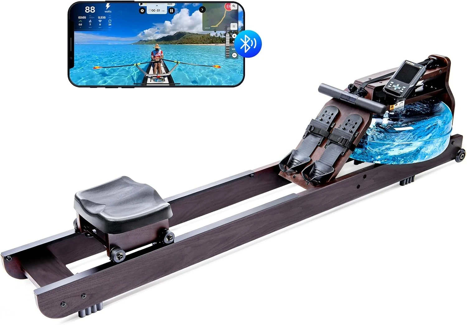 Water Rowing Machine for Home Use, Solid Wood Rower Machine with Upgraded Handle and Adjustable Footpad, TM3 Dedicated Monitor &