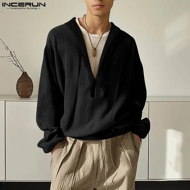 INCERUN Men Hoodies Solid Color V Neck Long Sleeve Loose Casual Sweatshirts Men Streetwear 2024 Fashion Leisure Pullovers S-5XL