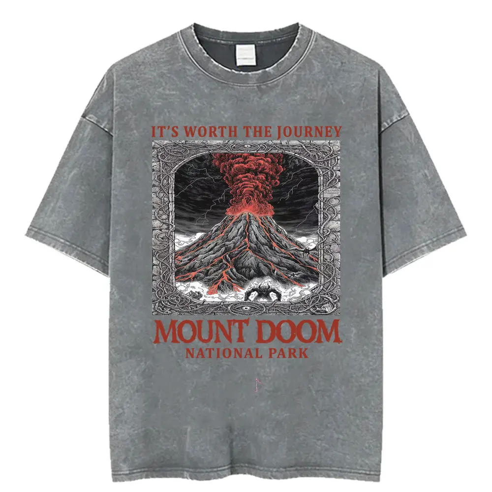 Funny LOTR Mordor Mount Doom National Park Vintage Washed T Shirts Men Women Fashion Japanese Style Oversized T-shirt Streetwear