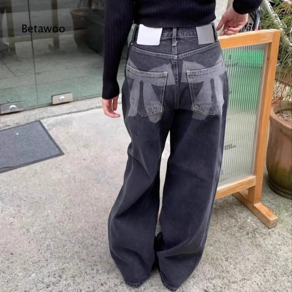 High Waist Loose Wide Leg Denim Trousers For Women Vintage Faded Dark Gray Long Jeans With Multi Pockets For Everyday Wear