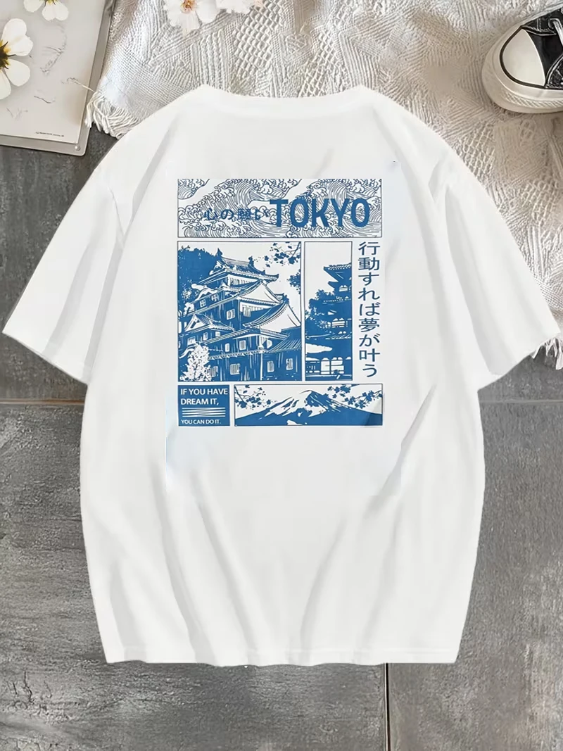 Round Neck Short Sleeve Tee with Letter and Landscape Print Casual Style for Summer Outdoor Sports Travel Commute Soft Durable