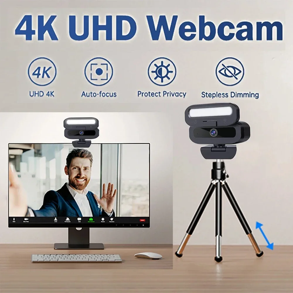 Full 4K HD Webcam LED Fill Light for Live webcast Meeting Gamer Camera Privacy Cover USB 3.0 Compatible Plug Work Auto Focus