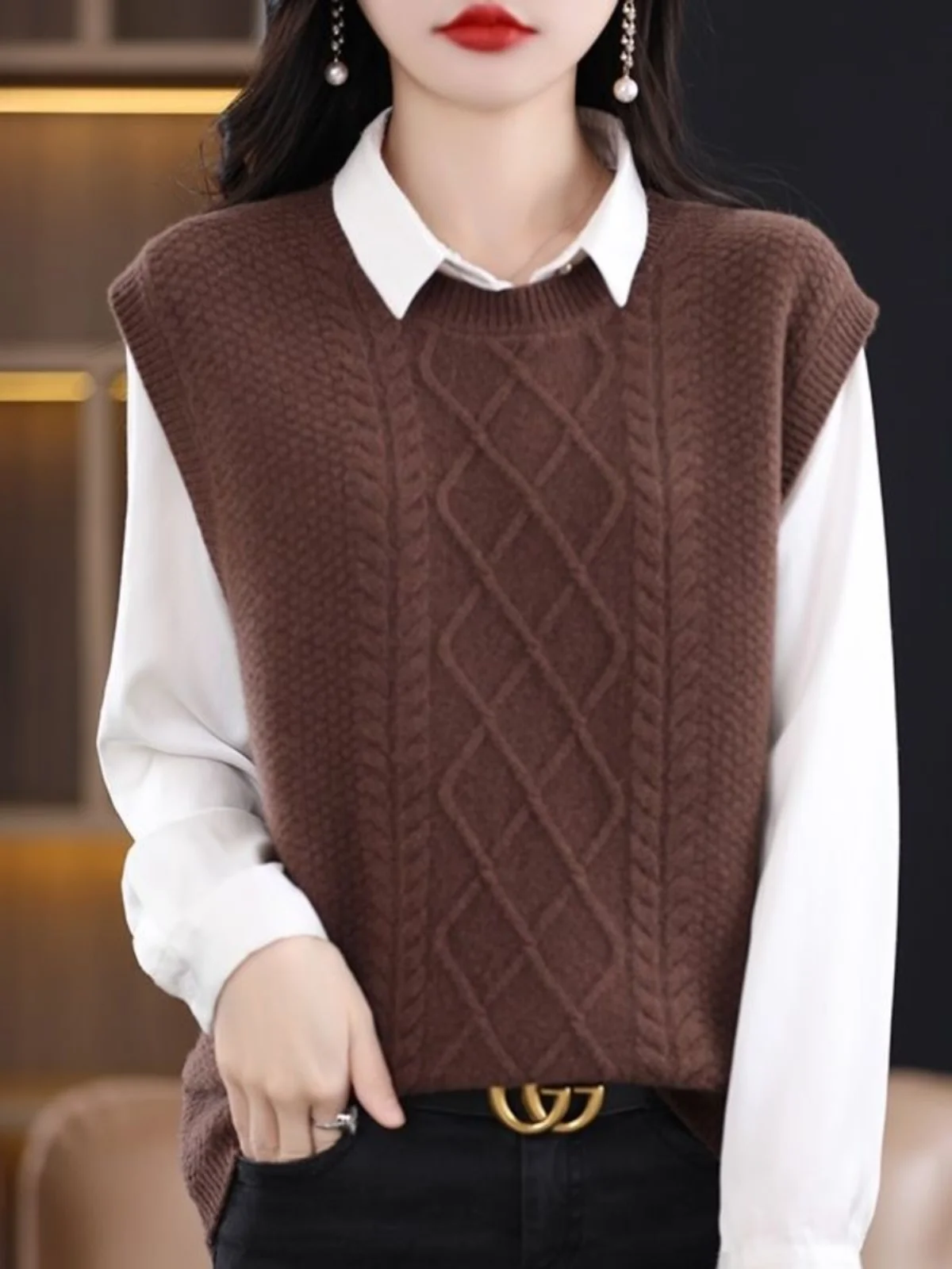 

Женский свободный вязаный жилет с круглым вырезом, осенне-зимняя верхняя одежда, модный свитер с разрезами, повседневный стиль, однотонный