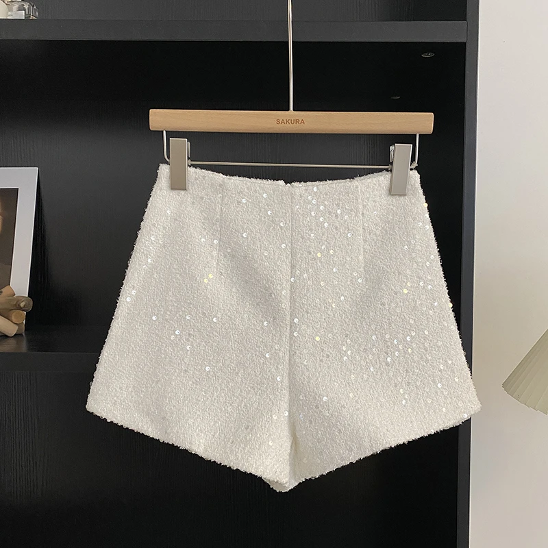 Women's Summer Autumn Shine Sequined Tweed Shorts Lady Streetwear High Waist Solid Color Bling Bling Short Pants