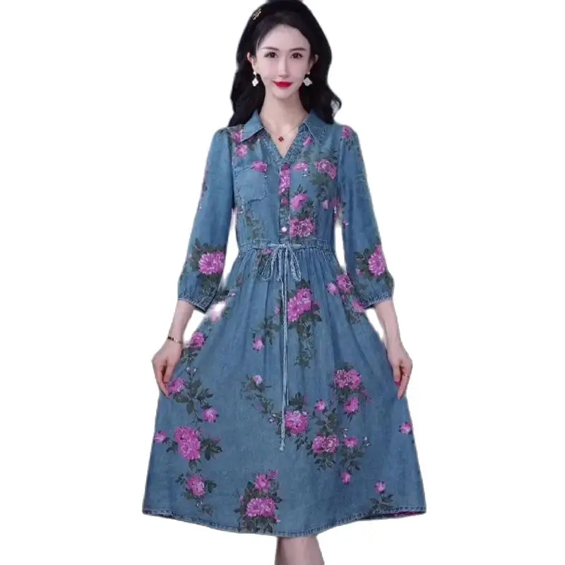 

5XL Lace-Up Dress 2023 Spring/Summer New Light Luxury Fashion Waist Covering And Slim Fit Peony Print Denim Dress V-Neck Dress
