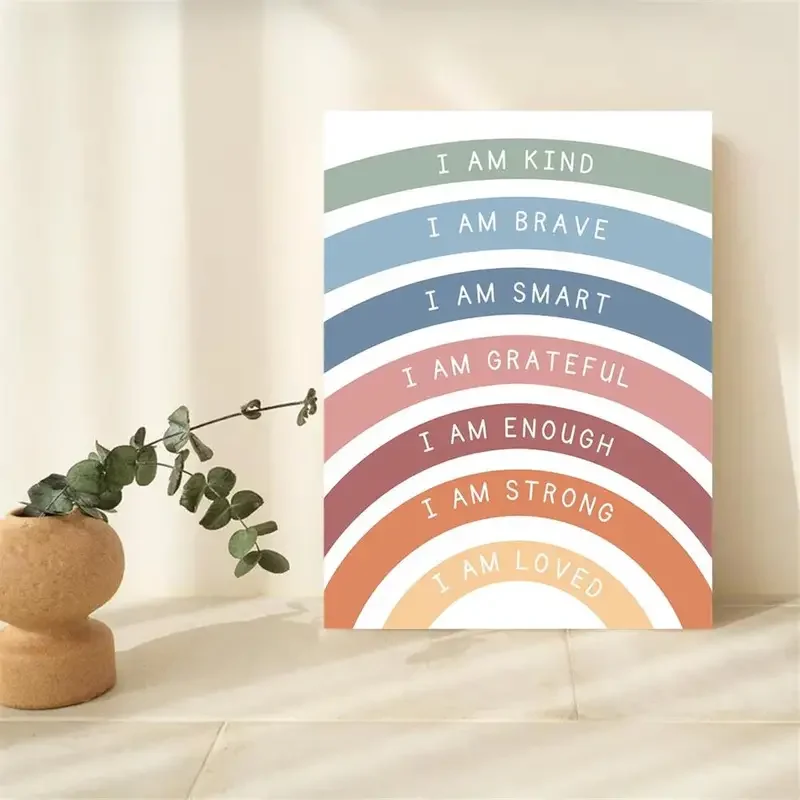 1pc frameless Canvas Painting 1pc Canvas Poster Printed Painting Affirmations For Kids Playroom Classroom  Wall Decor Rainbow Af