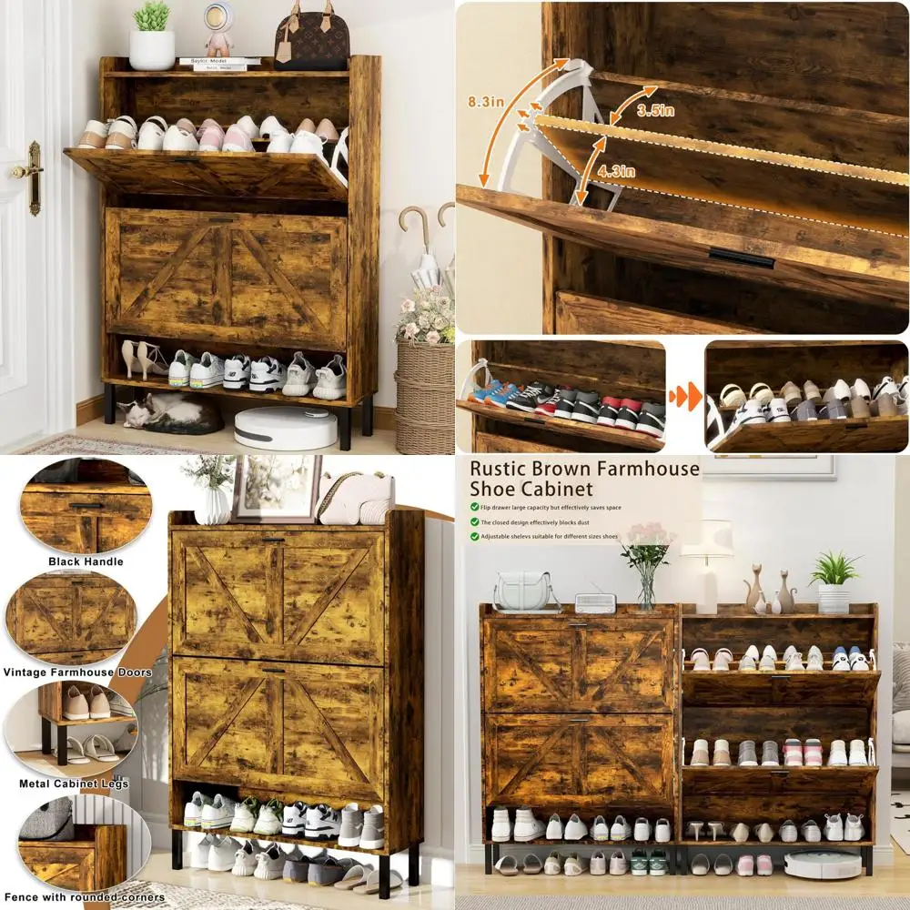

Farmhouse Style Narrow Shoe Cabinet with Flip Drawers - Brown Wood Shoe Storage Organizer for Entryway