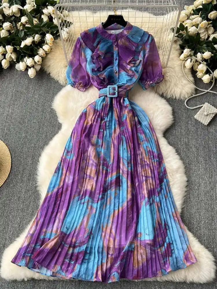 

Women Printed Pleated Dress Summer Lotus Leaf Bubble Sleeve Vintage Dresses Ladies Elegant French Holiday Dress Robe Vestidos