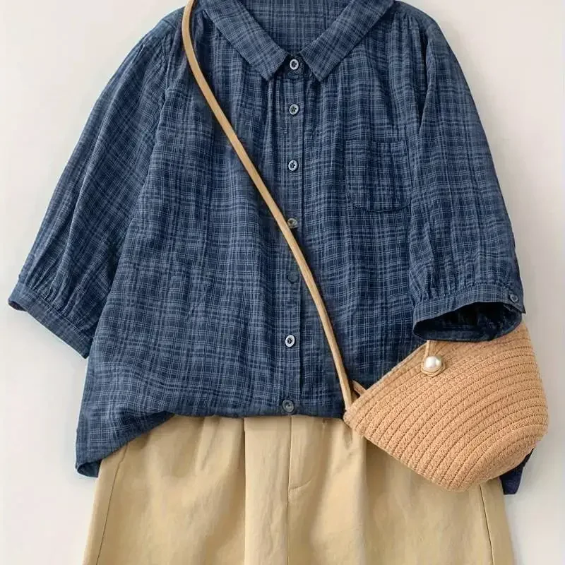 2025 Nuevo top a cuadros para mujer |   Estilo casual y de desplazamiento, puro algodón, solapa, recto con botones, versátil
