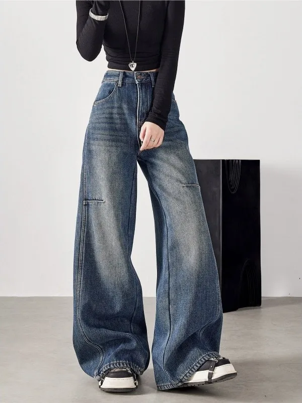 American Style High Waist Wide Leg Jeans Women's plus Size Casual Floor Length Pants Loose Fit Korean Version