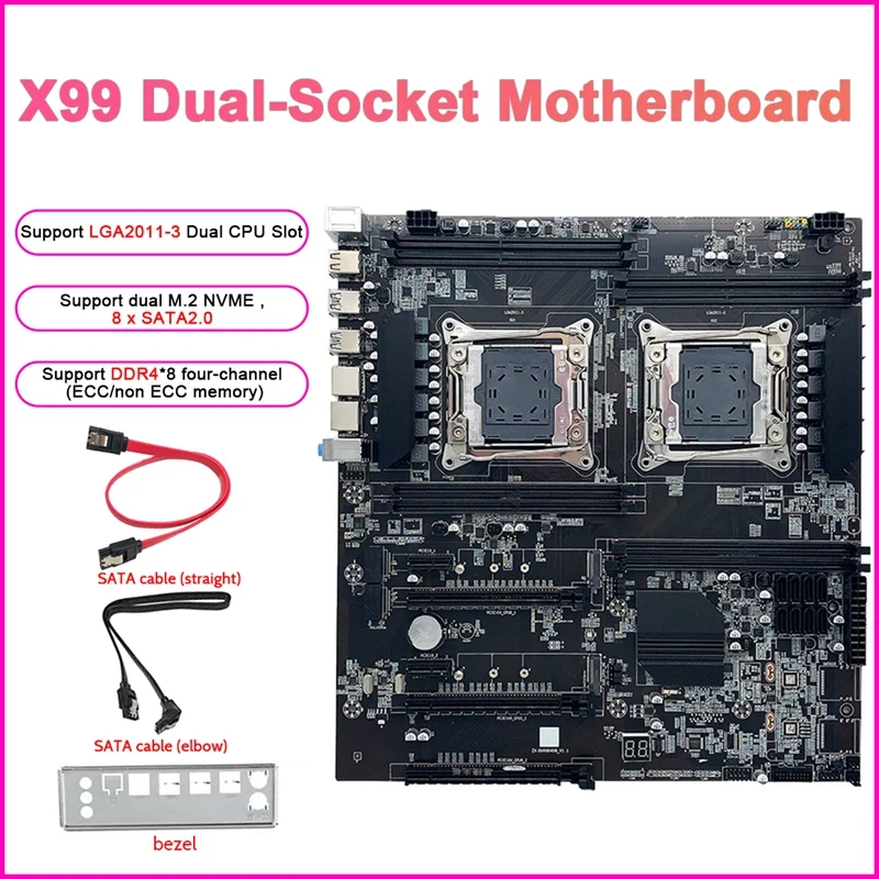 

X99 Dual-Socket Motherboard With 2XSATA Cables+Baffle LGA2011-3 Dual CPU DDR4 ECC RAM Slot 8XSATA2.0 E-ATX Motherboard