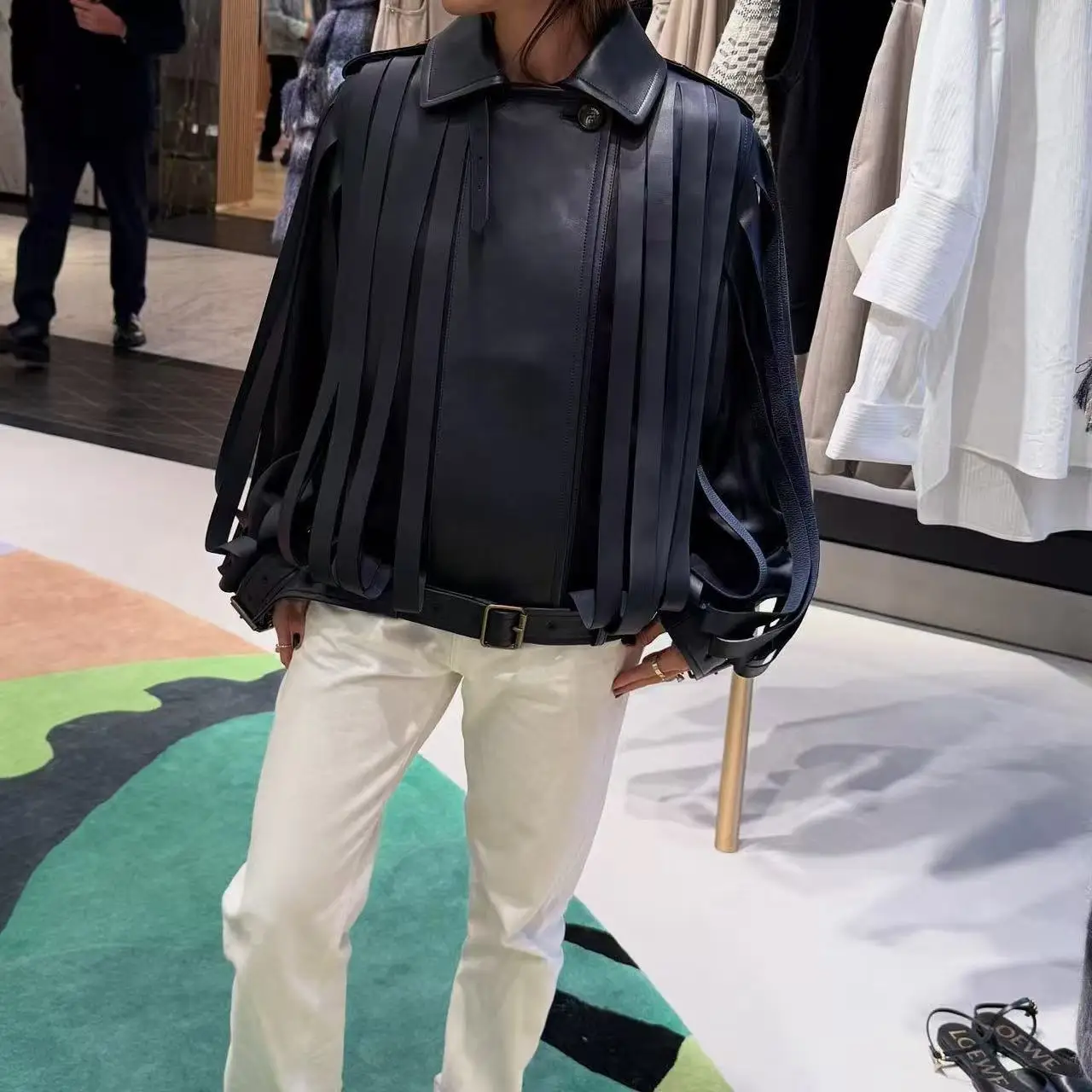 

Women's Fashion Leather Jacket Autumn Winter High Street Style Fringe Lapel Long Sleeve Outwear Solid Color Zipper Belt Coat