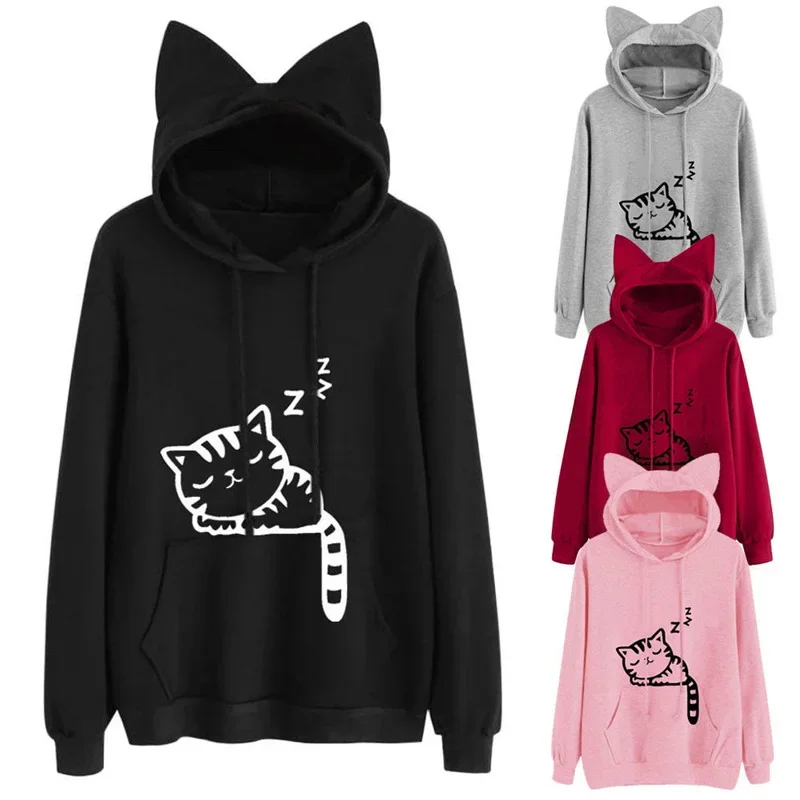 Winter Women\'s Sweatshirt Cute Cat Ears Hooded Sweatshirt Fashion Cat Print Casual Long Sleeve Pullover Top Daily Commute