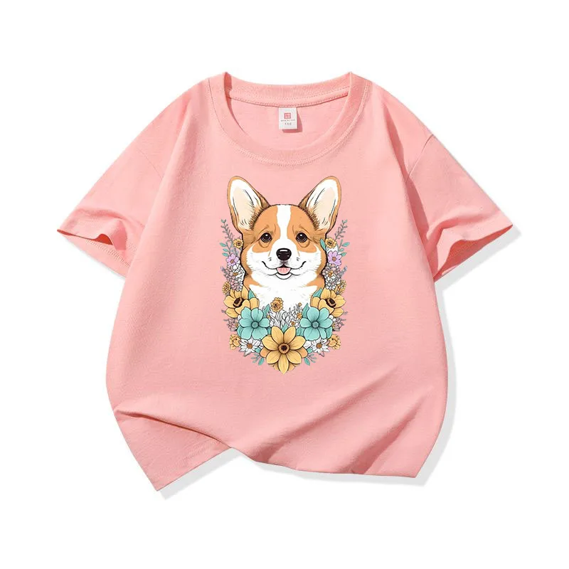 Welsh Corgi Surrounded Colorful Blooms Graphic Tee Kids 100% Cotton Crew Neck T Shirt Cute Puppy Print Short Sleeve Stylish Top