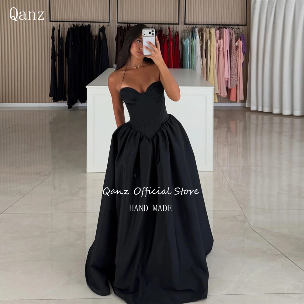 Qanz Black Satin Women's Formal Evening Gowns Sweetheart Long A Line Vestidos De Fiesta Elegantes Backless Prom Dress Customized