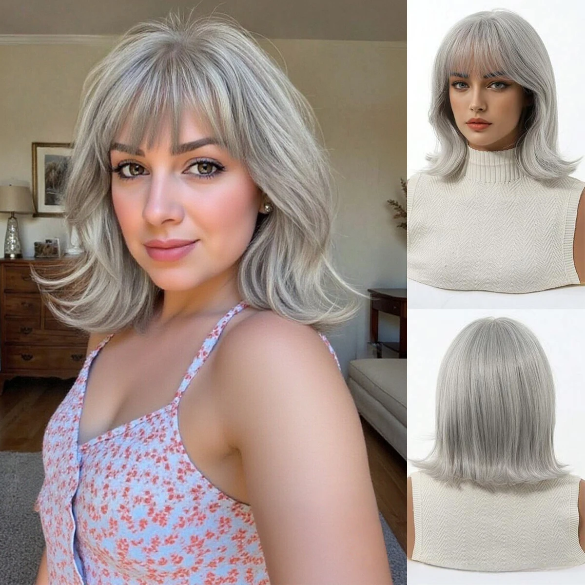 Silver Grey Bob Synthetic Wig with Air Bangs, Natural Flip Ends Hairstyle for Daily Wear and Anime Cosplay Outfit