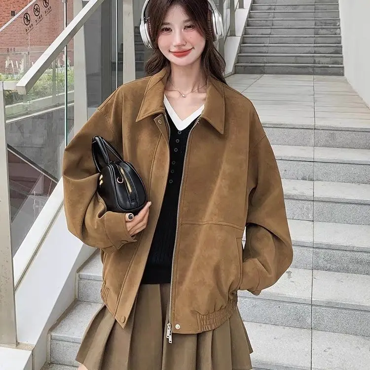 Primavera e outono nova jaqueta feminina solta commuter retro emenda jaqueta de veludo de couro