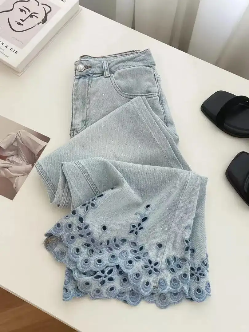 

2025 Summer Luxury Loose Hollow Embroidered Rhinestone Jeans Women High Waist Straight Denim Pants Y2K GIRLS Casual Streetwear