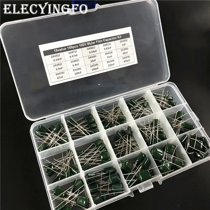 

15Value*10pcs Total=150pcs Mylar Capacitor Kit 100V (2A331J ~ 2A474J) Polyester Film Capacitor Assorted Kit with Box