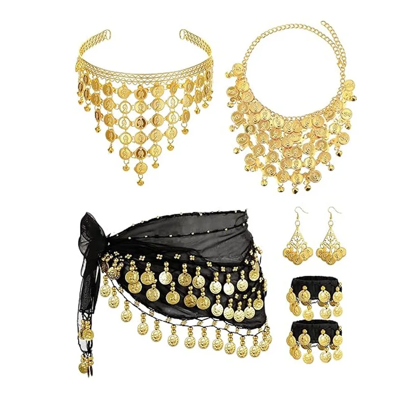 

Belly Dance Waist Chain Set Beauty Coin Headband 72 /18Coins Waist Chain Bracelet Necklace Earrings Metal JewelryCheerleading