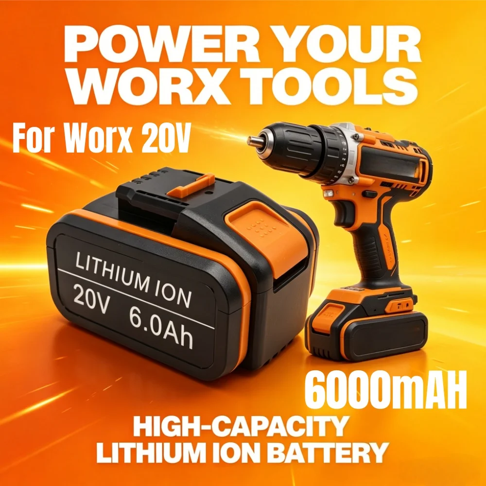 

6.0Ah 20V lithium-ion rechargeable battery, compatible with Worx tools as a 20V replacement battery