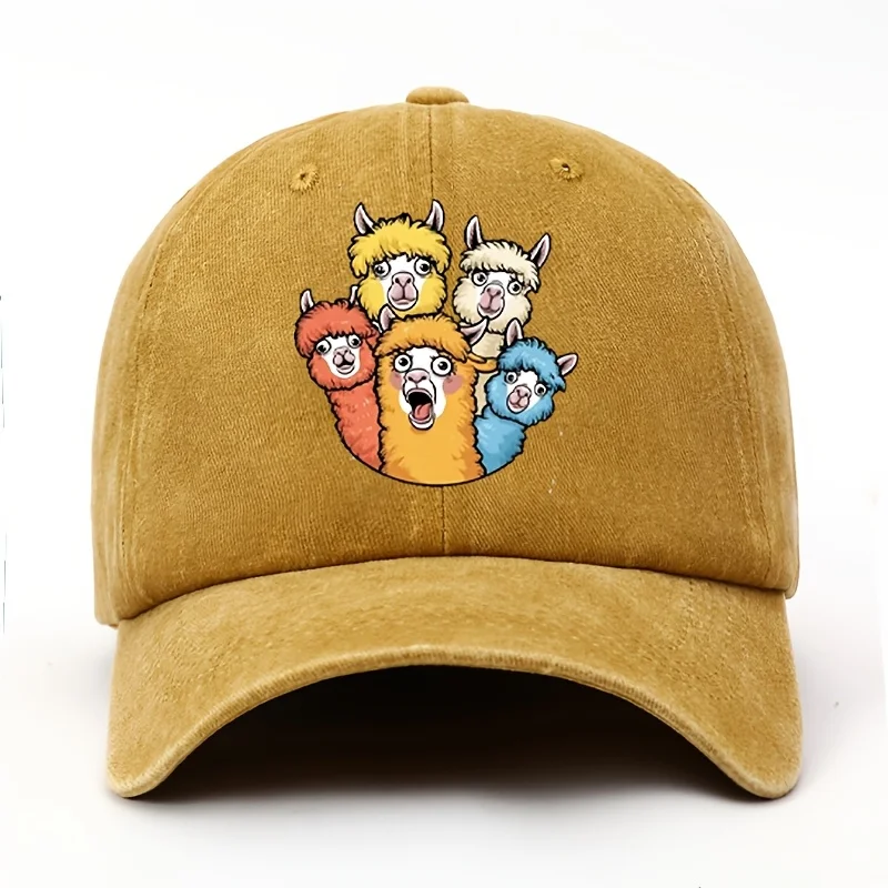 Rainbow-Colored Baseball Cap Featuring a Fun Alpaca Pattern. Casual, Adjustable, Lightweight, Perfect for Sports