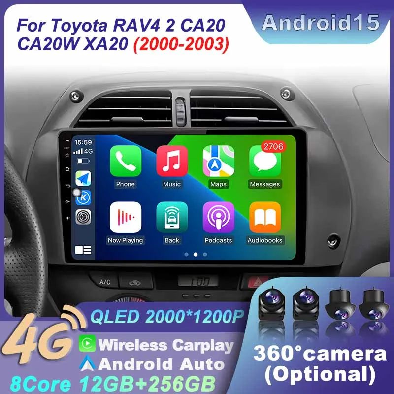 

For Toyota RAV4 2 CA20 CA20W XA20 2000- 2003 Android 15 Auto Radio Car Multimedia Player BT Wireless Carplay Auto GPS Navigation