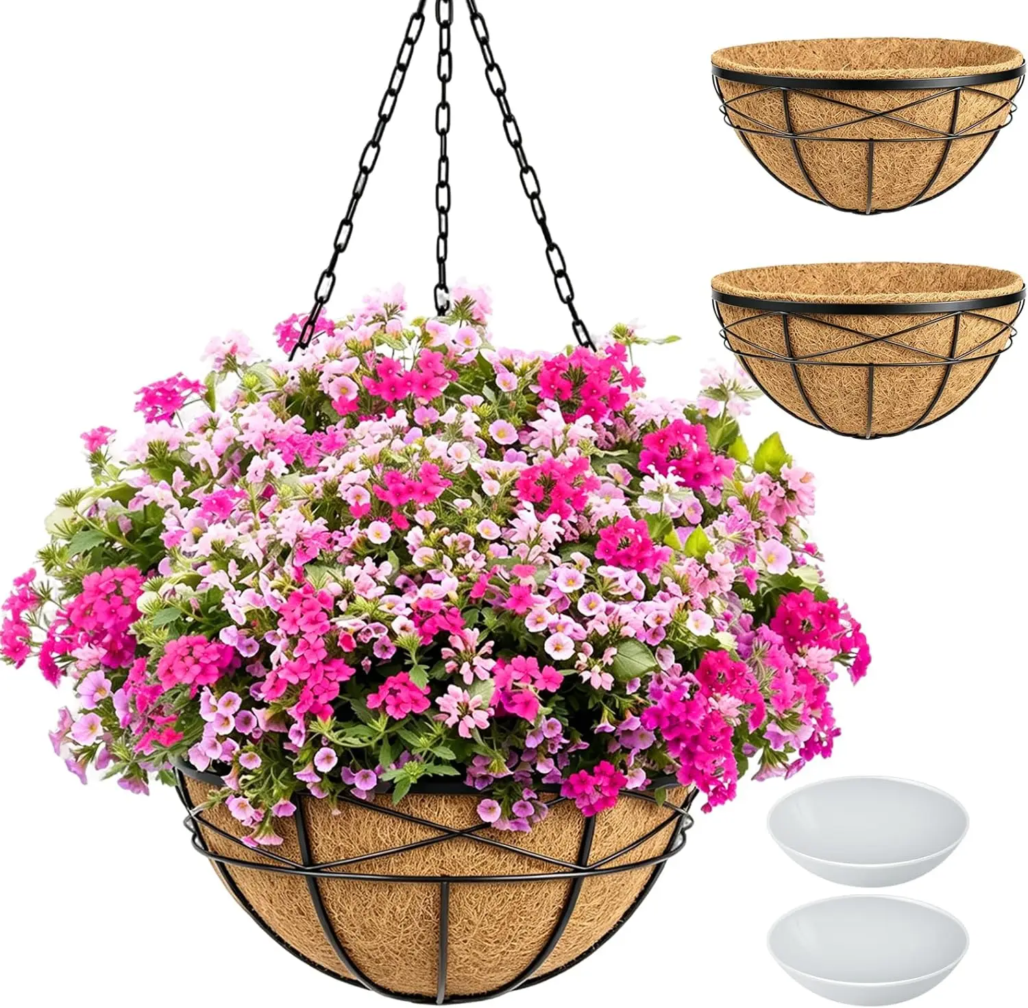 

2 Pack 16 Inch Hanging Planters for Outdoor Plants Metal Wire Flower Baskets with Coco Liner & Plastic Saucer for Porch Balcony