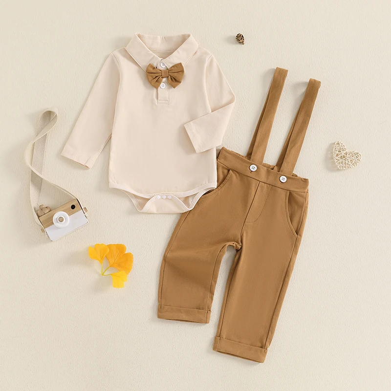 Baby Boys Fall Outfits Bowite Turn-Down Collar Long Sleeve Rompers Suspender Pants 2Pcs Clothes Set