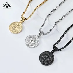 European And American Jewelry St. Benedict The Exorcist Stainless Steel Necklace Men And Women Titanium Steel Round Coin Pendant