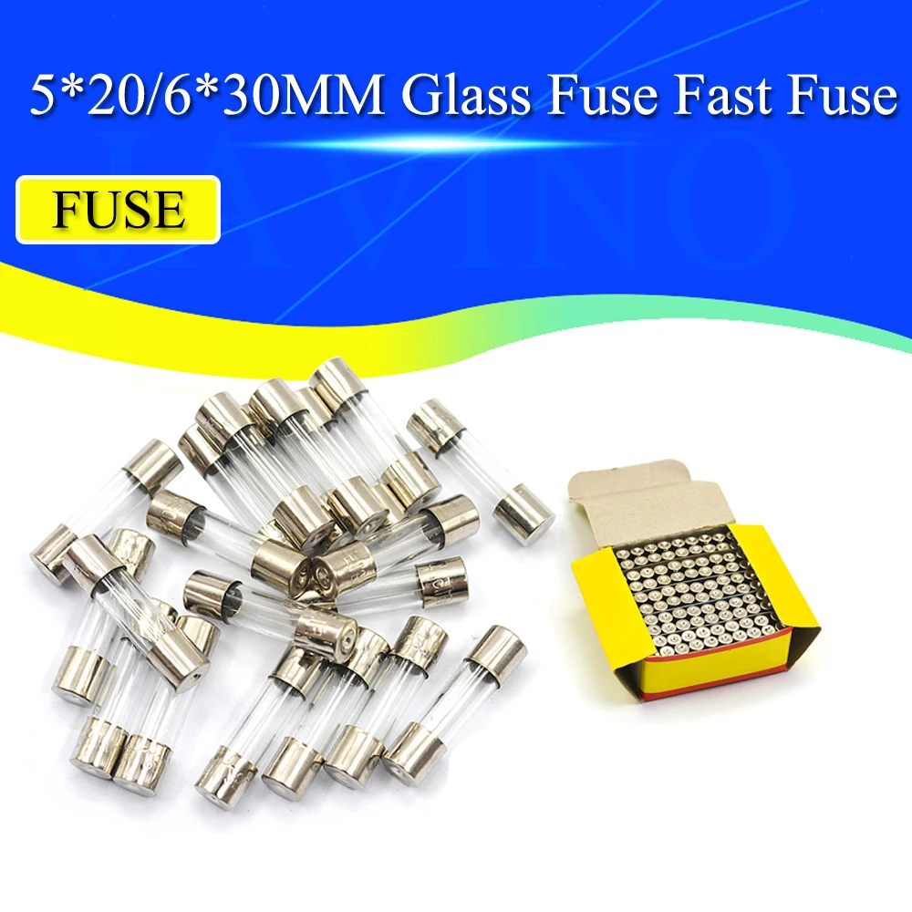 100PCS 5*20 Glass Fuse Fast Fuse Not Fuse Kit 250V 0.1A 0.2A 0.5A 1A 2A 3A 4A 5A 6A 7A 8A 10A 12A 15A 20A Quick Blow 6X30mm Hot