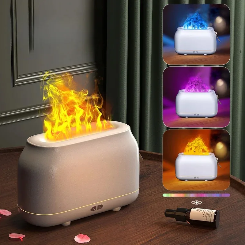 New Simulated Flame Air Humidifier Home Silent Night Light Flame Aromatherapy Machine Bedroom Atmosphere Essential Oil Diffuser