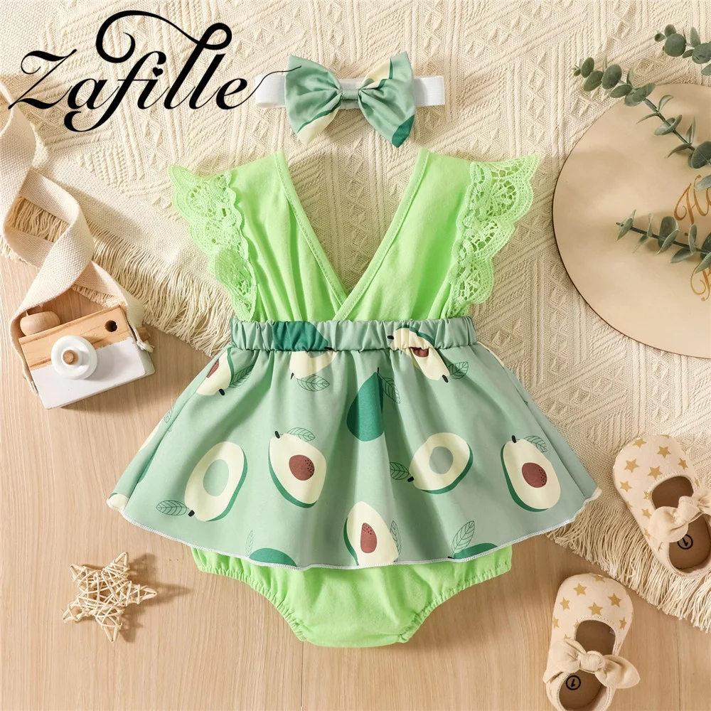 ZAFILLE Avocado Bodysuit Newborn Girls Overalls Lace Flying Sleeve Baby's Rompers 2022 Summer Kids Toddler Clothes Cute Outfits