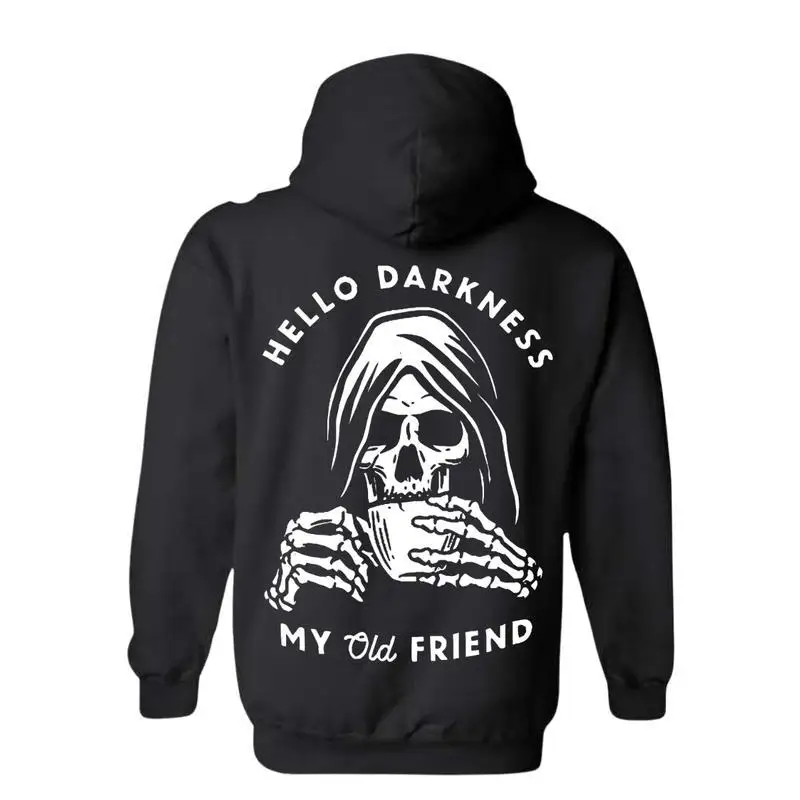 

Skull Hoodie, Men Women Dark Humor Sweatshirt, Funny "Hello Darkness" Graphic Jumper, Gothic Style Streetwear