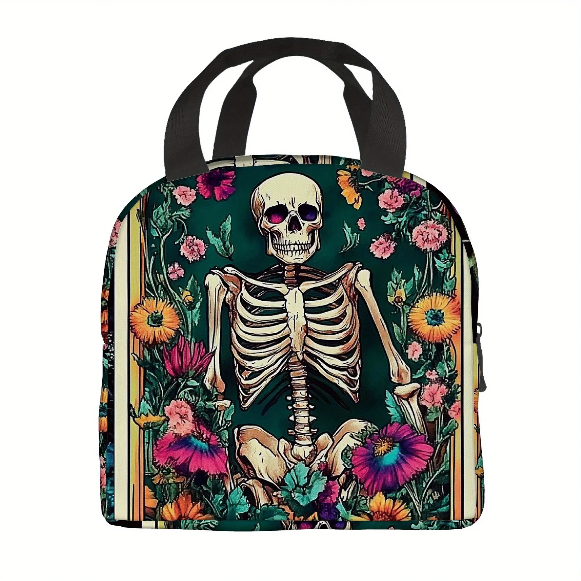 Skeleton Floral Print Insulated Lunch Bag Unisex Portable Thermal Tote for Office Picnic Travel
