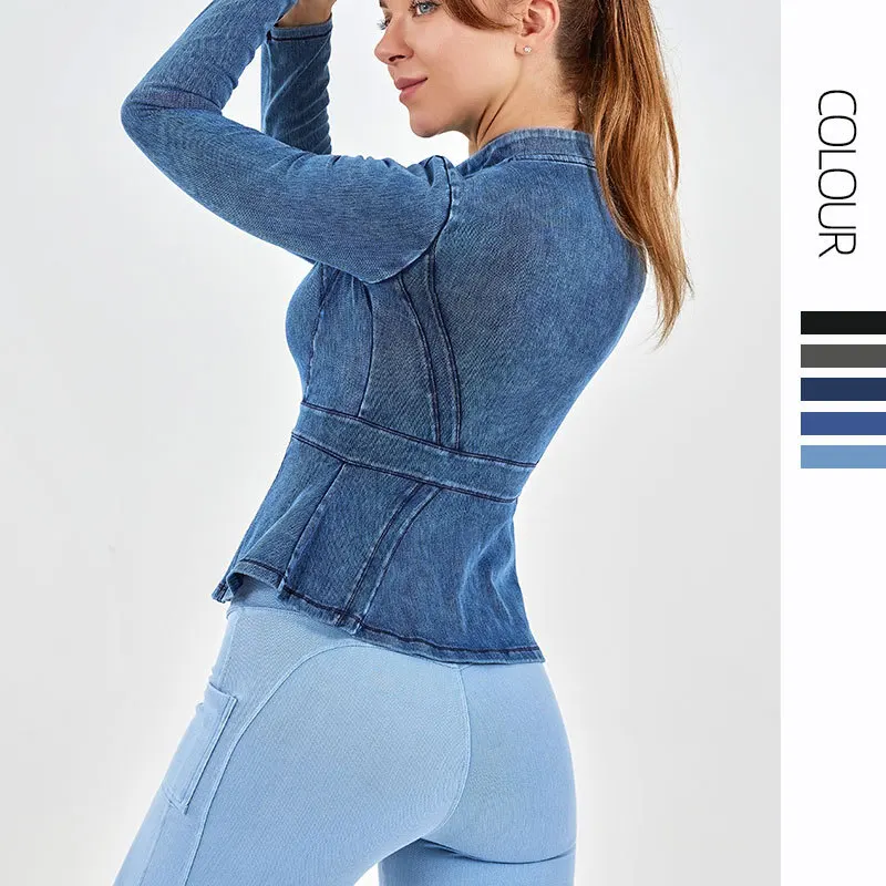 Jesienno-zimowe New Arrival jeansowe kurtka z zamkiem do jogi damskie siłownia wysoki kołnierzyk z wysokim kołnierzem koszulki treningowe