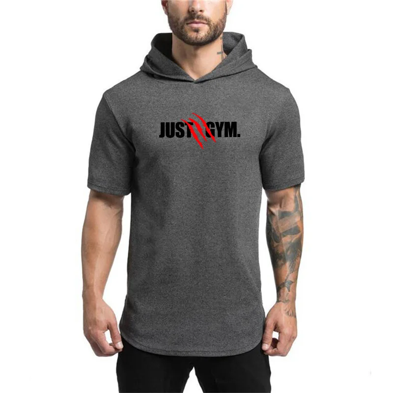 New Men\'s Casual Slim Fit Hooded T-Shirt Summer Short Sleeve Cotton Breathable Shirt Gym Training Bodybuilding Fitness Pullover