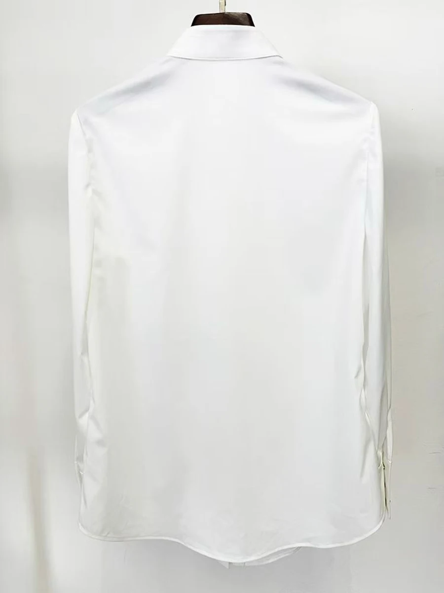 GALCAUR Camicia minimalista con fungo impiombato bianco Donna O Collo Manica lunga Camicie da donna allentate di fascia alta Autunno Nuovo stile Moda