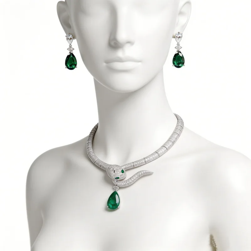 Vintage Fashion Style Earrings Necklace Inlay Cubic Zircon Synthetic Drop Shape Emerald Snake Snakelike Choker Jewelry Sets