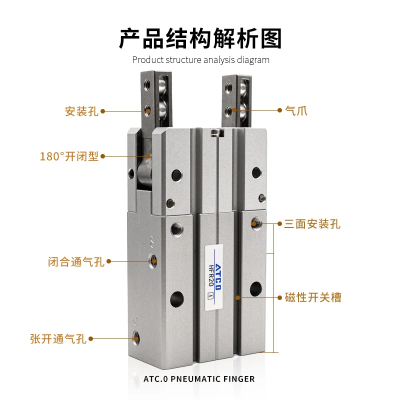 180 degree opening and closing pneumatic finger cylinder HFR10/HFR16/20/25/32/N/H through hole