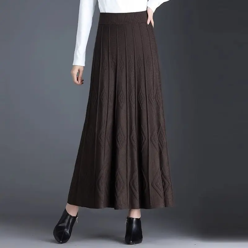Women Diamond Jacquard Knit Maxi Skirt High Waist Elastic Waistband A Line Swing Long Skirt