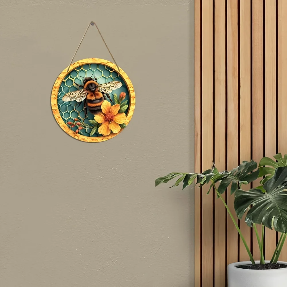 1pc Bee & Flower Pattern Round Acrylic Decorative Pendant, Front Porch Living Room Bedroom Home Decor Wall Art Decoration