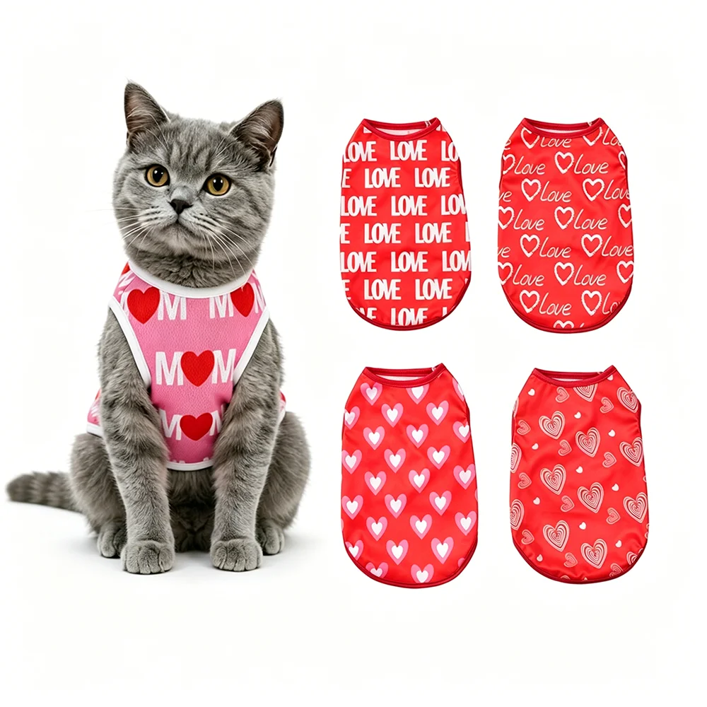 Sommerliche, atmungsaktive, weiche Weste für kleine Katzen und Welpen – Niedliches Herz-Print-Kätzchen-Shirt – Bequeme, kühlende Haustierbekleidung für Sphynx-Katzen