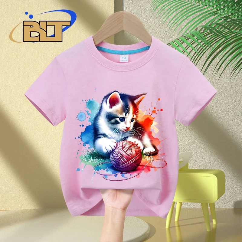 Watercolor Playful Kitten print kids T-shirt summer children's cotton short-sleeved casual tops for boys and girls