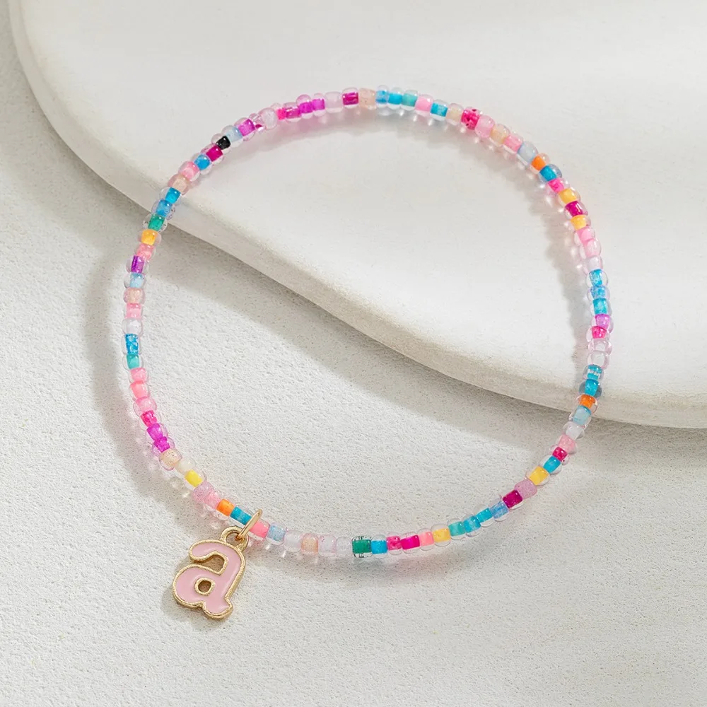 Personality Simple Hand-strung Colorful Mini Seed Bead Letter A-x Charm Elastic Anklets for Women Bohemian Birthday Gift Jewelry