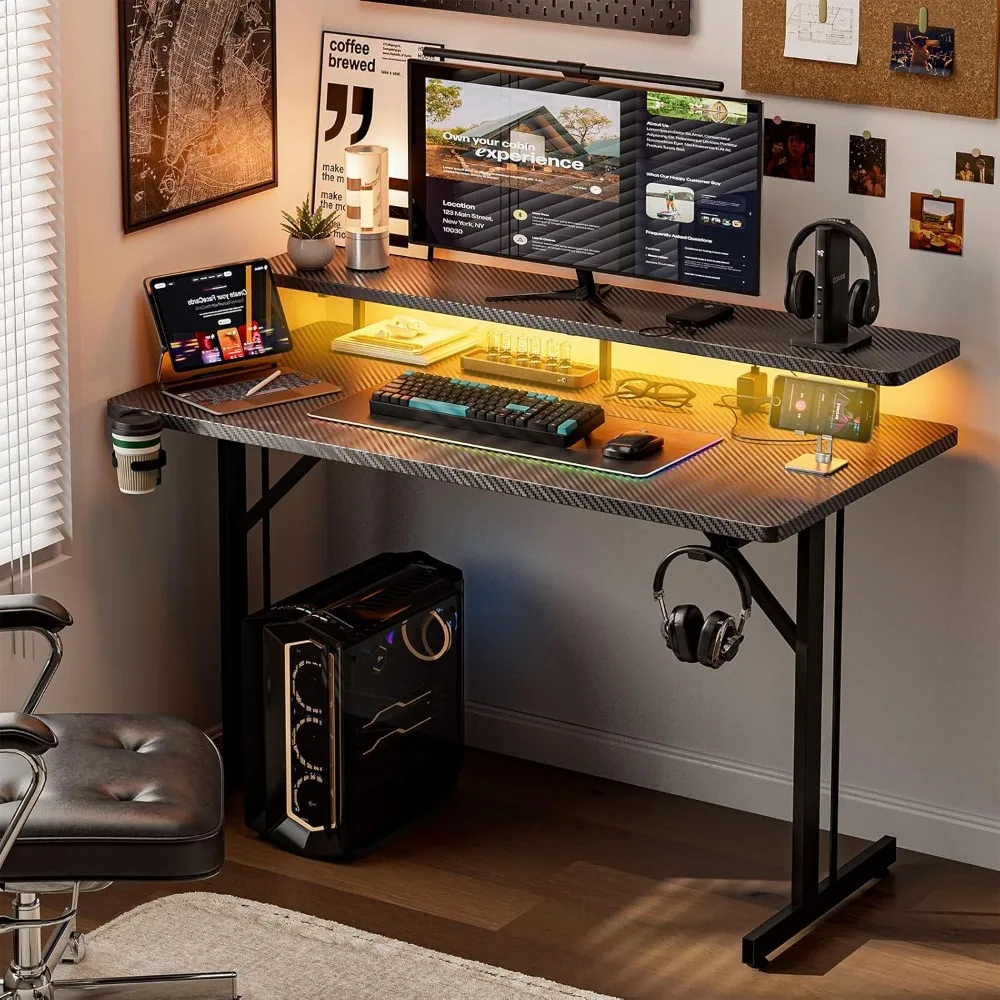 LED-Illuminated 47 Inch Gaming Desk with Power Outlets and Monitor Stands, Ergonomic Computer Desk for Gamers with Cup Holder an